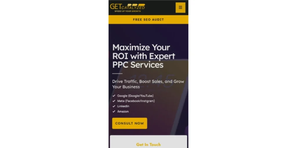 Mobile version view of Get Catalyzed Website.